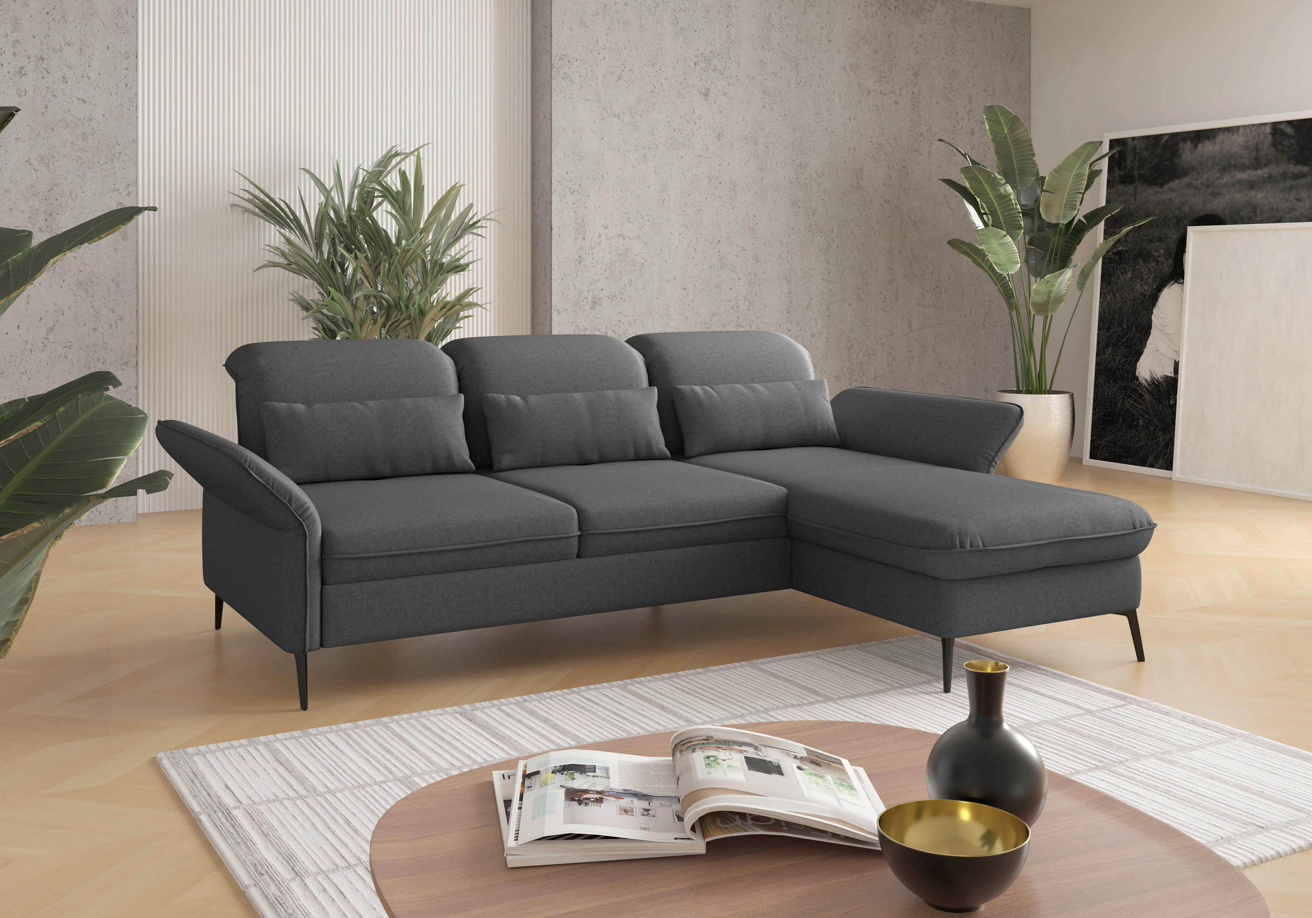 ECKSOFA Dunkelgrau Flachgewebe  - Dunkelgrau/Schwarz, KONVENTIONELL, Textil/Metall (264/198cm) - Sit & More