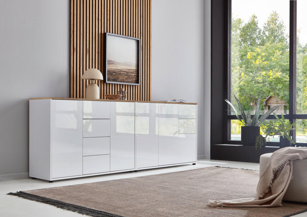 SIDEBOARD 211/73/33 cm  in Weiß, Eiche Artisan, Weiß Hochglanz  - Weiß Hochglanz/Schwarz, MODERN, Holzwerkstoff/Kunststoff (211/73/33cm) - MID.YOU