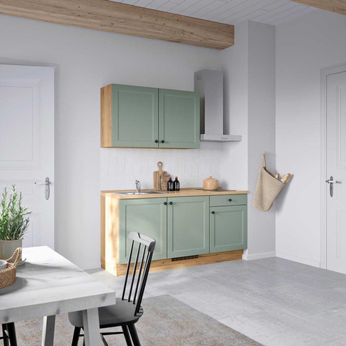 KÜCHENBLOCK Cascada 180 cm  in Grün, Eichefarben  - Eichefarben/Schwarz, MODERN, Holzwerkstoff/Metall (180cm) - Nobilia