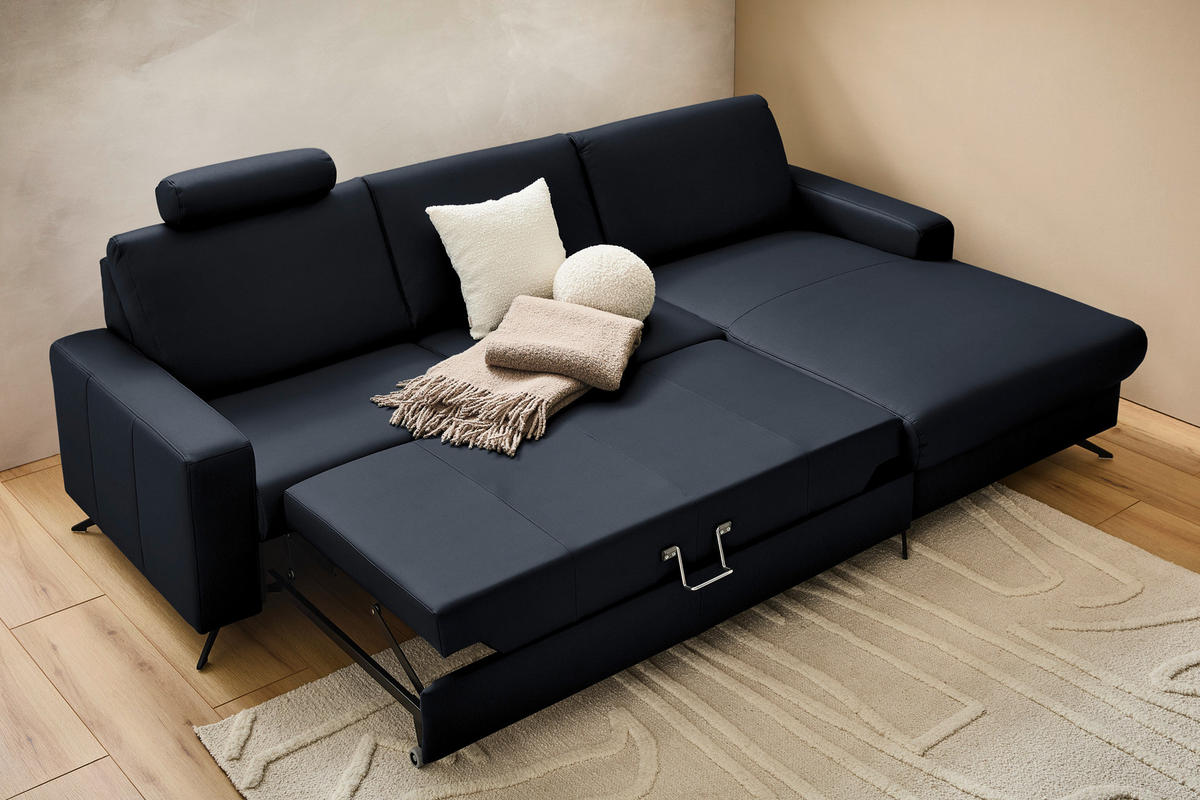 ECKSOFA in Echtleder Dunkelblau  267/165 cm  - Schwarz/Dunkelblau, Design, Leder/Metall (267/165cm) - Lomoco