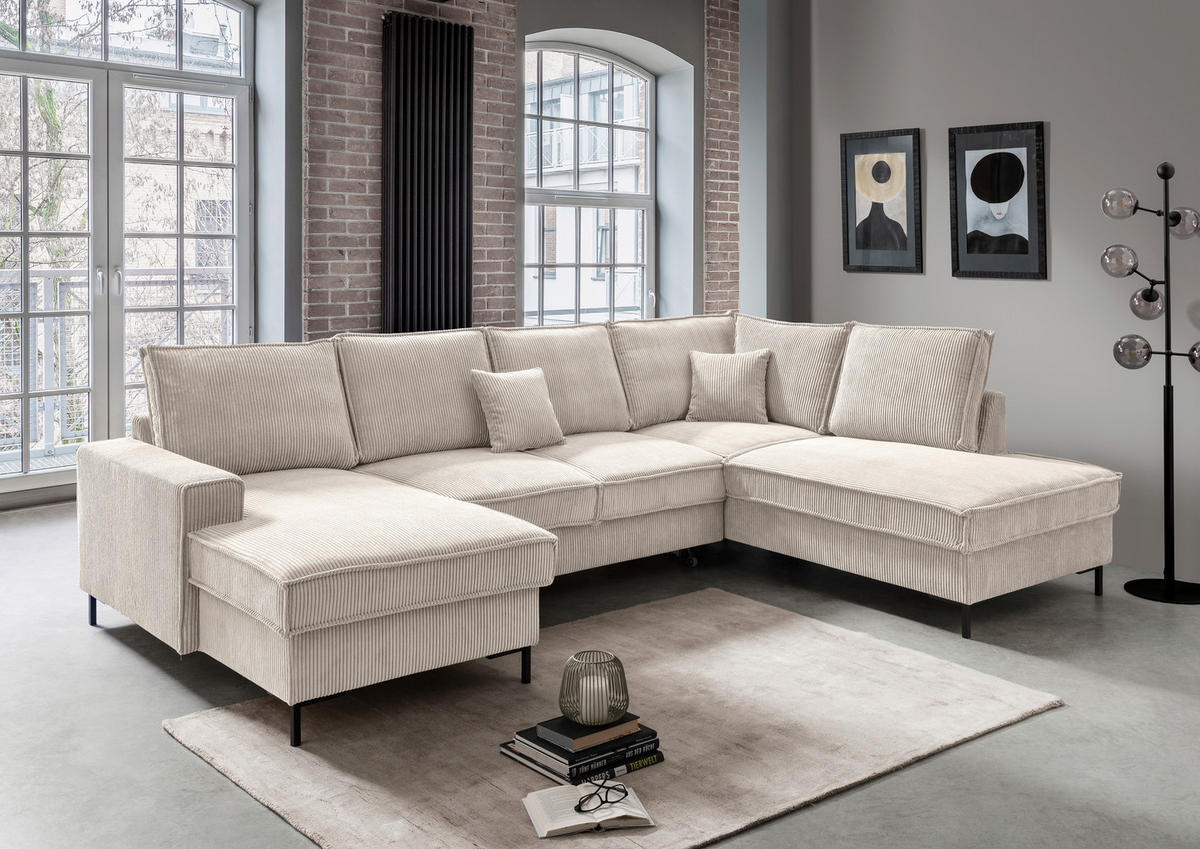 WOHNLANDSCHAFT in Cord Beige  - Beige/Schwarz, Modern, Textil/Metall (150/309/198cm) - MID.YOU