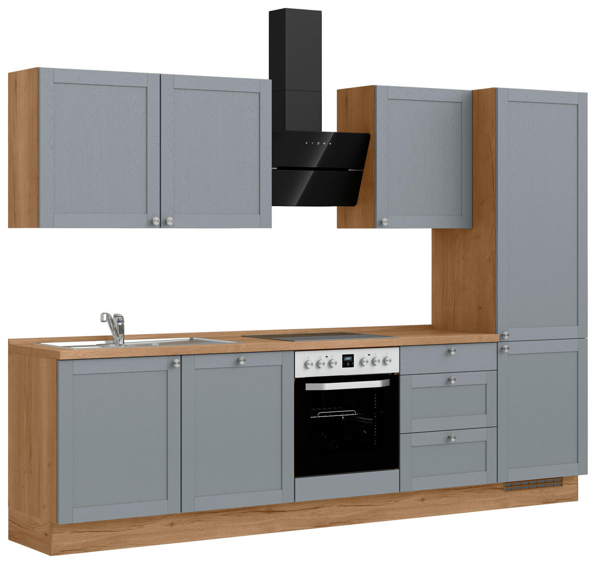 KÜCHENBLOCK Frame 300 cm  in Eichefarben, Blaugrau  - Edelstahlfarben/Eichefarben, MODERN, Holzwerkstoff/Metall (300cm) - Nobilia