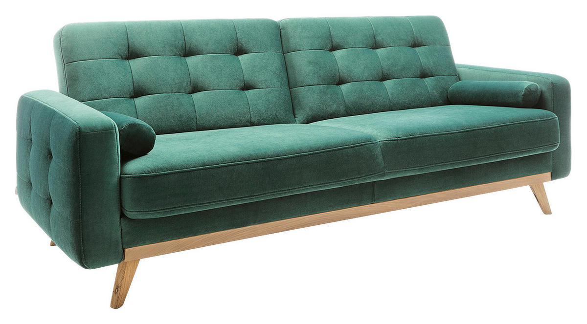 SCHLAFSOFA in Velours Türkis, Grün  - Türkis/Eichefarben, Design, Holz/Textil (224/87/89cm) - Stylife