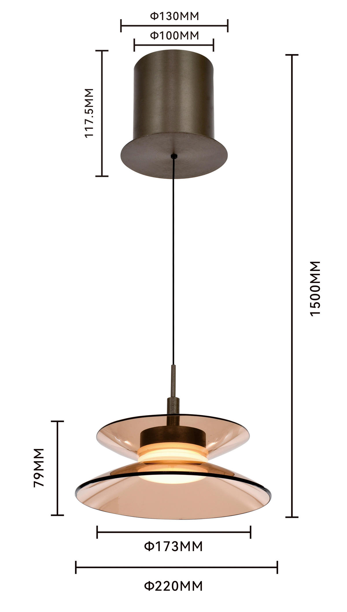 LED-HÄNGELEUCHTE Crema 22/150/22 cm  - Bronzefarben, Design, Glas/Metall (22/150/22cm)