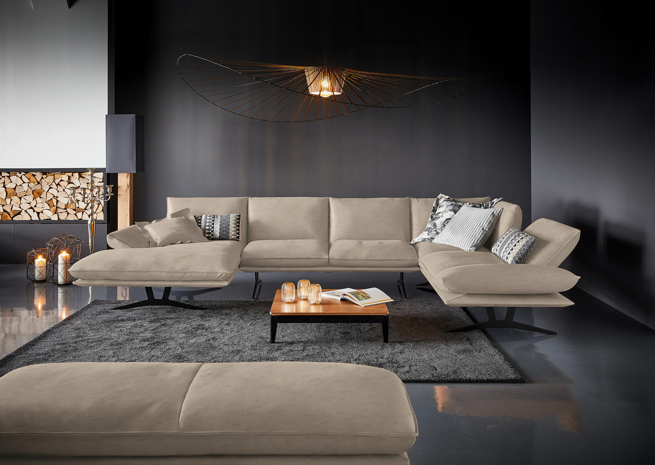 WOHNLANDSCHAFT in Echtleder Sandfarben  - Sandfarben/Schwarz, Natur, Leder/Metall (155/359/217cm) - Dieter Knoll