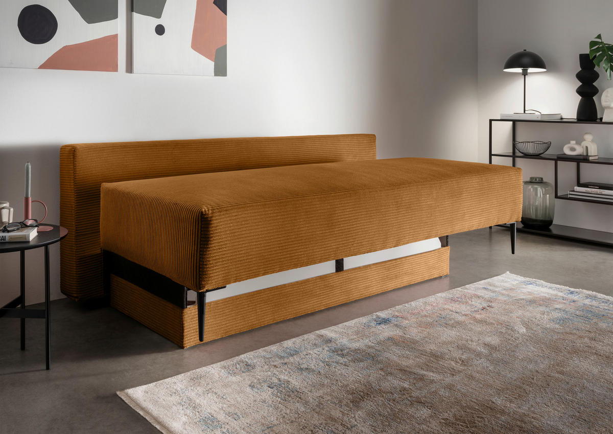 SCHLAFSOFA  mit Liegefunktion, Schlafen auf Sitzhöhe, Rücken echt Cord Goldfarben  - Goldfarben/Schwarz, MODERN, Textil/Metall (198/90/100cm) - Livetastic