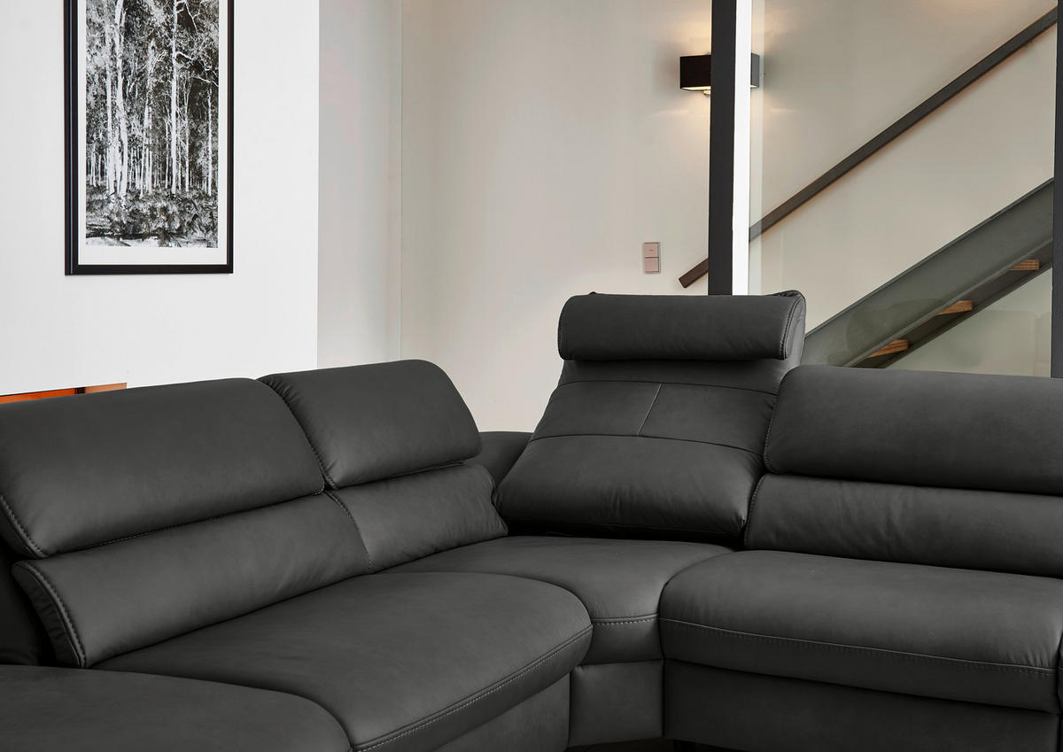 ECKSOFA Valdera Schwarz Echtleder  - Schwarz, Design, Leder/Metall (246/280cm) - Hukla