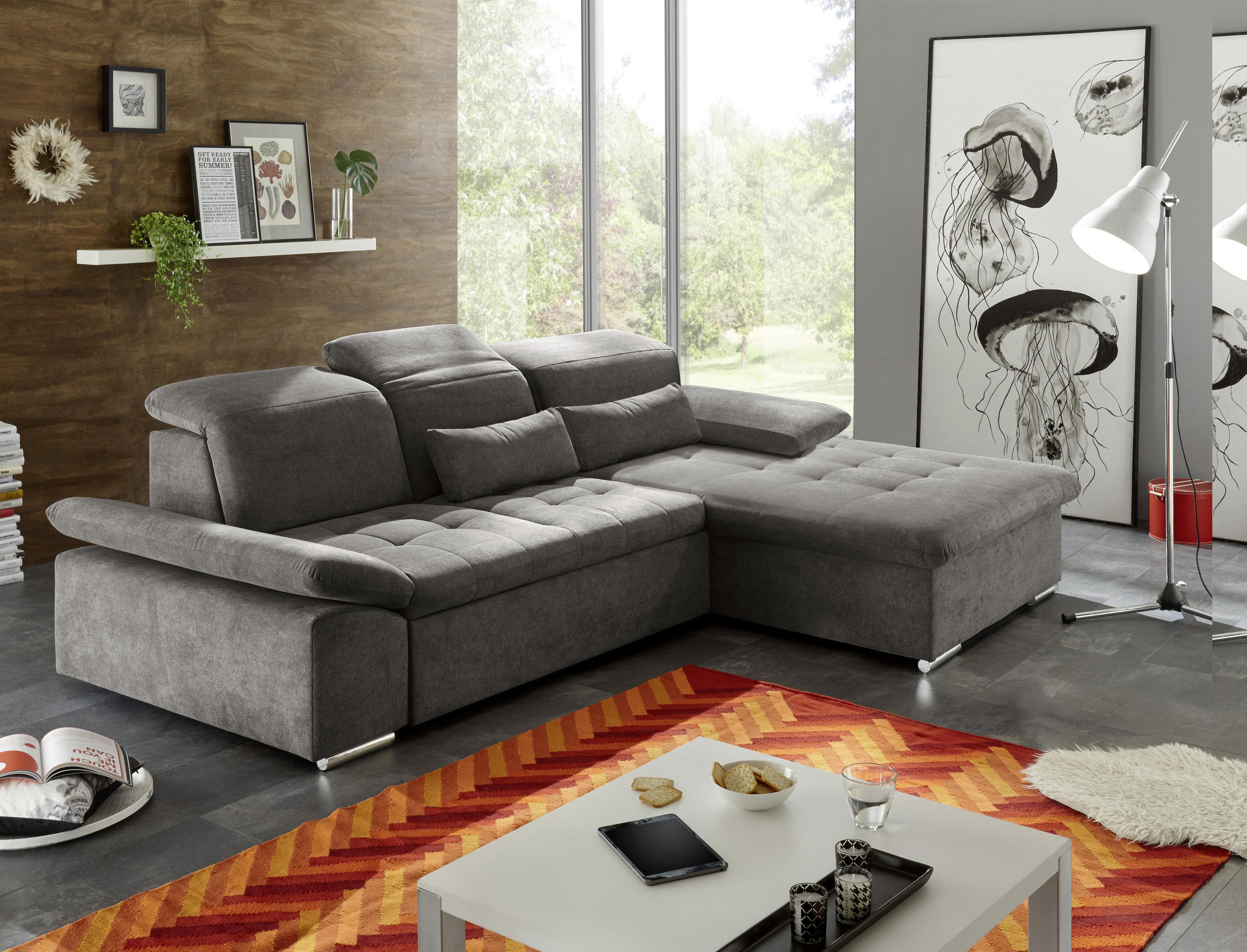 ECKSOFA Dunkelgrau Mikrovelours  - Dunkelgrau/Silberfarben, KONVENTIONELL, Kunststoff/Textil (276/188cm) - MID.YOU