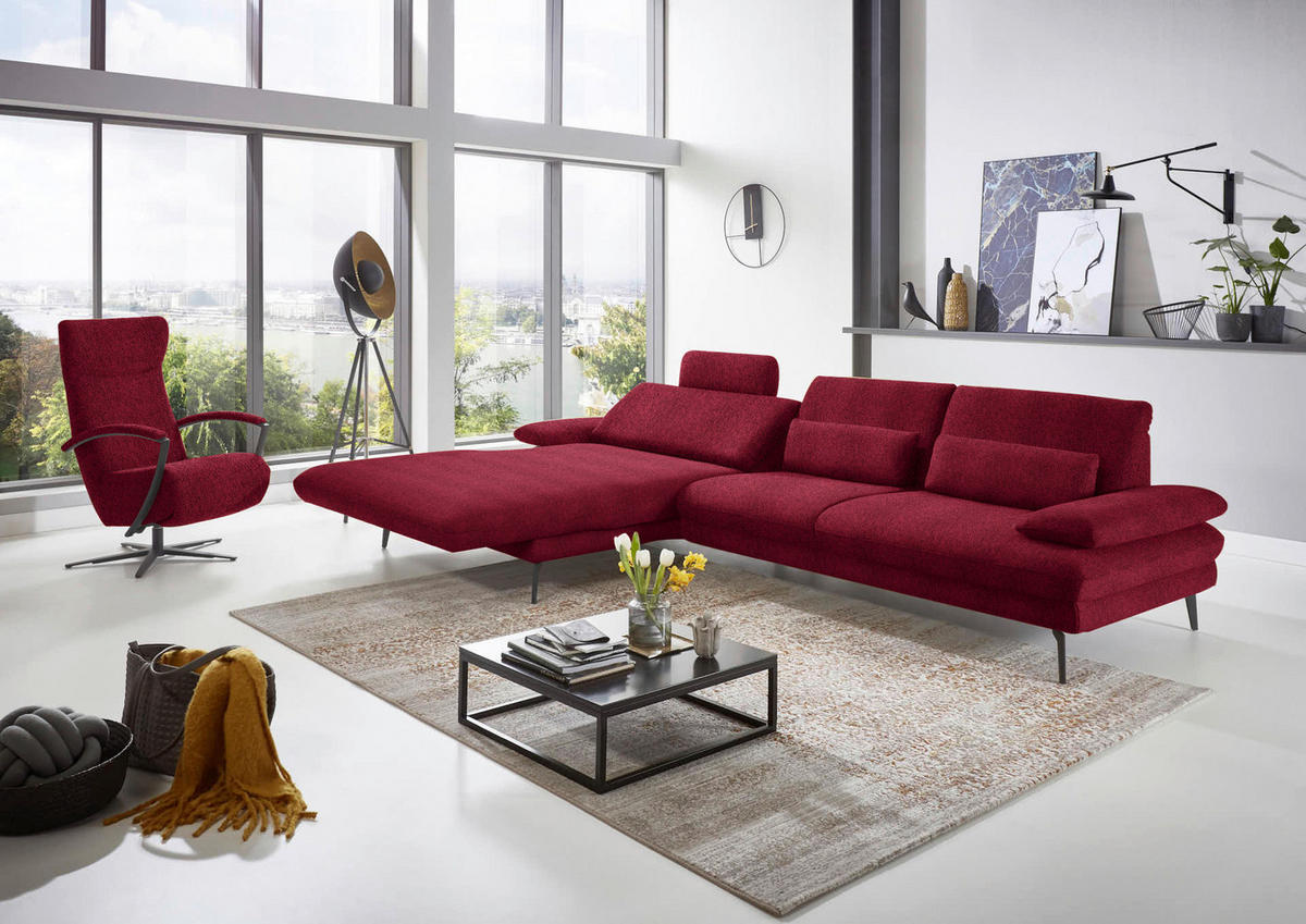 ECKSOFA in Chenille Rot  - Rot/Schwarz, Design, Textil/Metall (180/310cm) - Dieter Knoll
