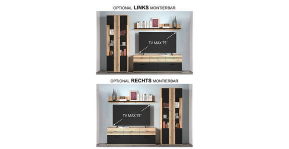 WOHNWAND  254,6/202,5/38 cm  in Schwarz, Eiche Artisan  - Schwarz/Eiche Artisan, KONVENTIONELL, Glas/Holzwerkstoff (254,6/202,5/38cm) - Carryhome