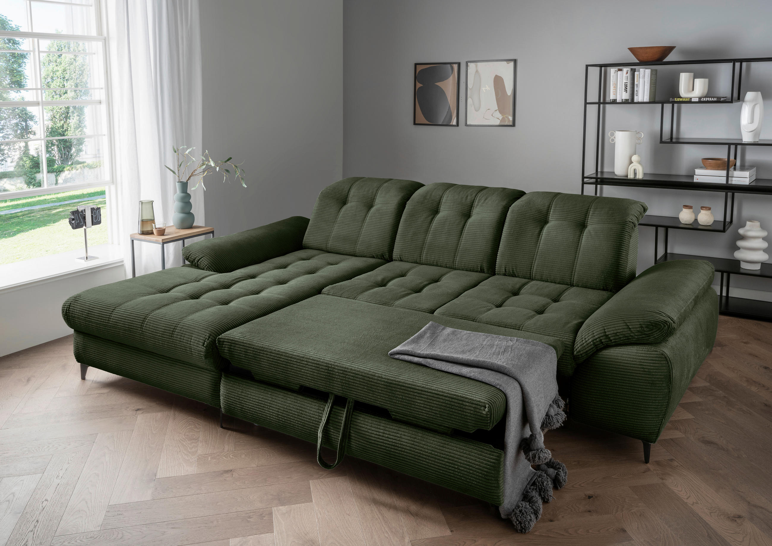 ECKSCHLAFSOFA  mit seitenverkehrt erhältlich, Rücken echt, Armteil links, Armteil rechts Cord Dunkelgrün  - Dunkelgrün/Schwarz, MODERN, Textil/Metall (189/273cm) - Livetastic