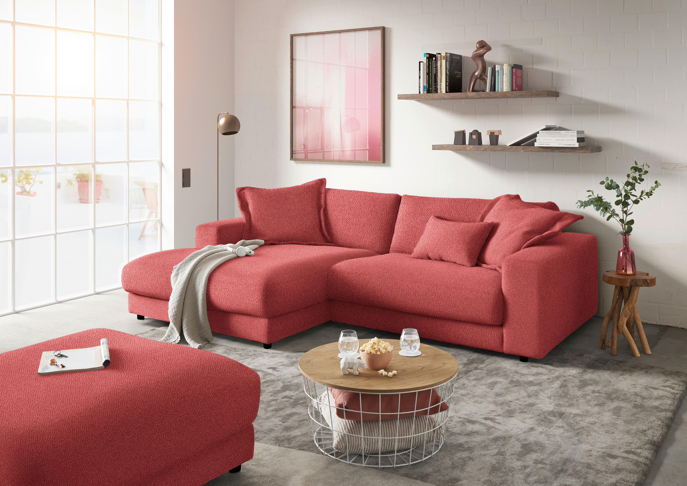 ECKSOFA in Flachgewebe Koralle  - Koralle/Schwarz, Design, Kunststoff/Textil (190/270cm) - Lomoco