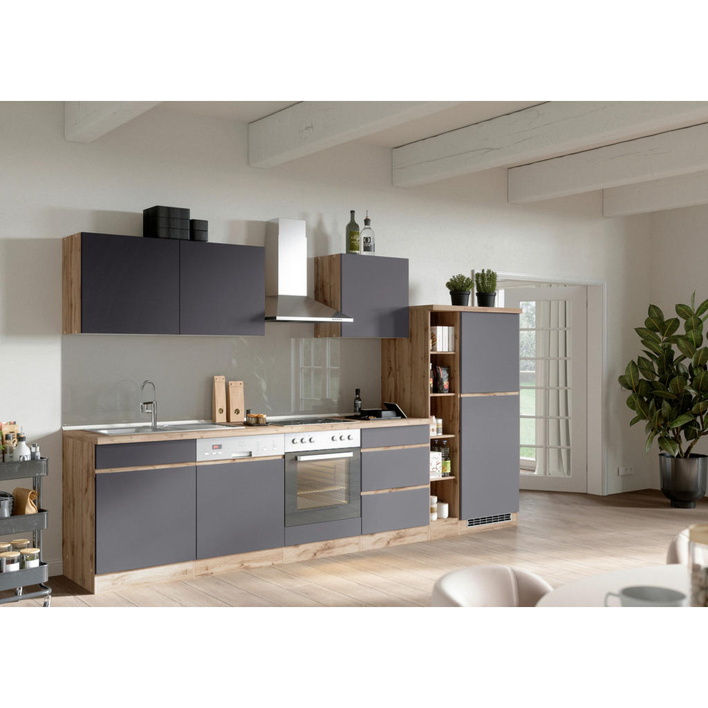 Küchenzeile Turin ohne Geräte B: 330cm Grau/Wotaneiche Dekor