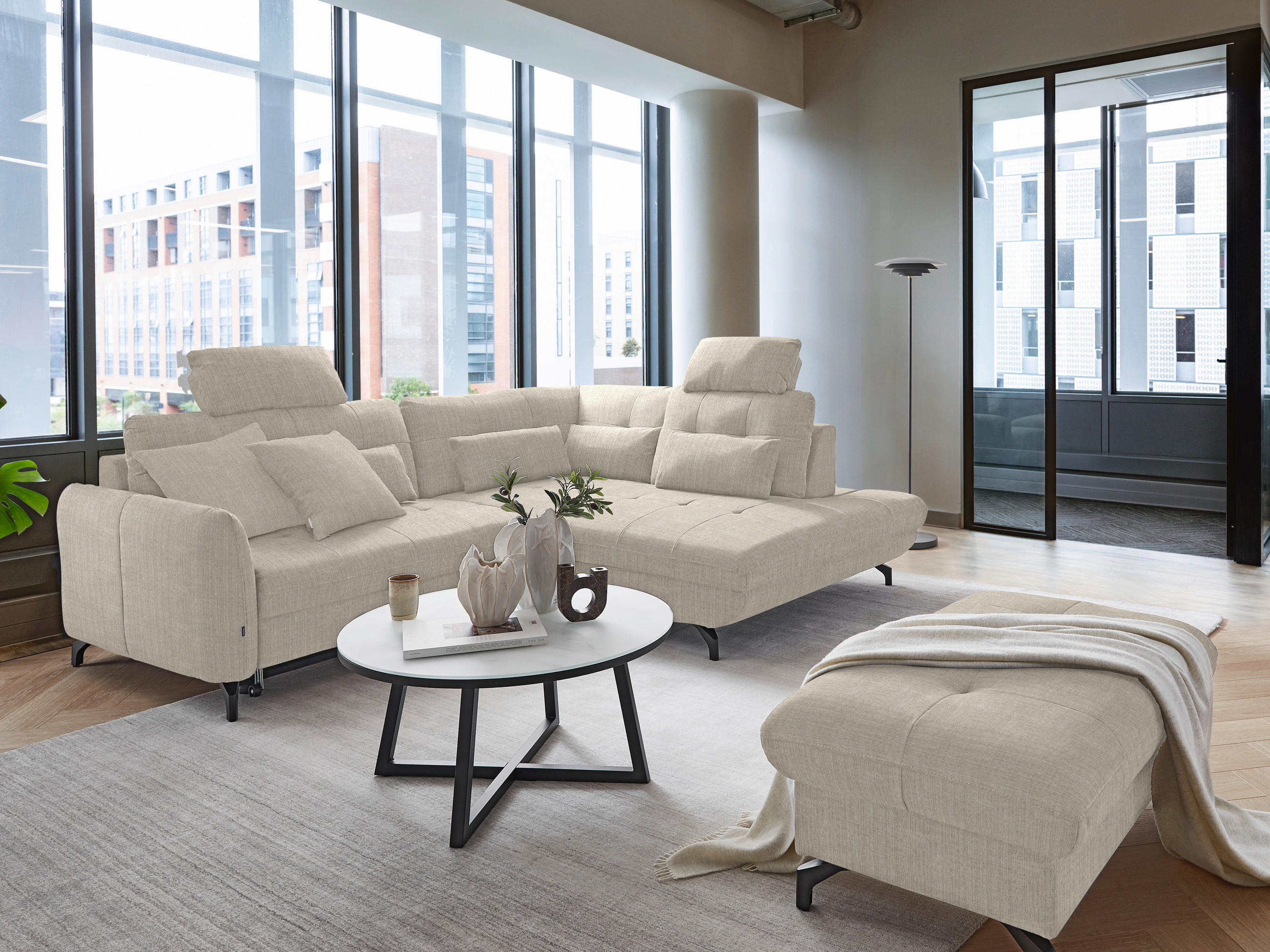 ECKSOFA in Flachgewebe, Leinenoptik Beige  - Beige/Schwarz, Modern, Textil/Metall (247/208cm) - Xora