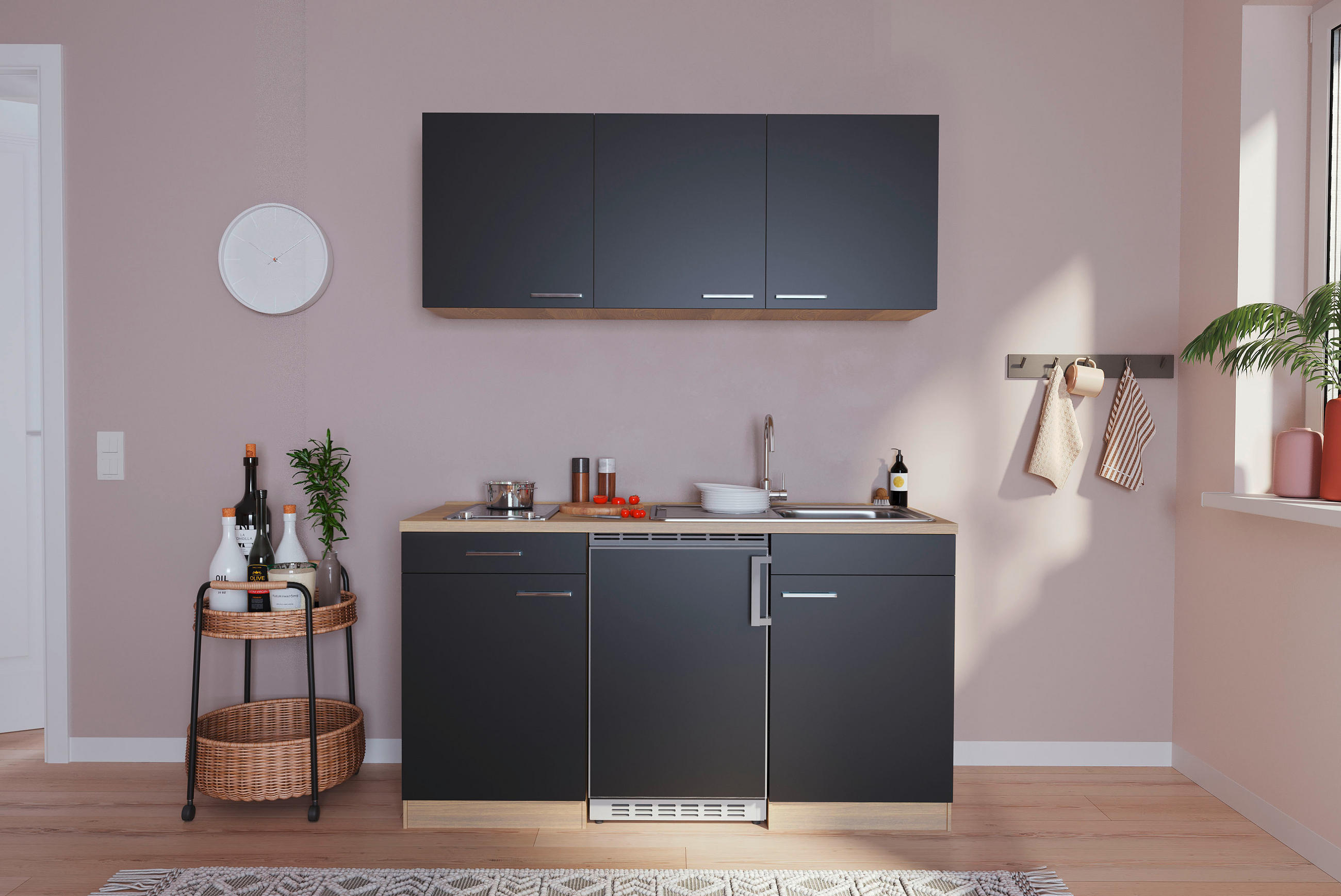 MINIKÜCHE 150 cm   in Schwarz, Eichefarben  - Eichefarben/Schwarz, Basics, Holzwerkstoff (150cm) - Respekta