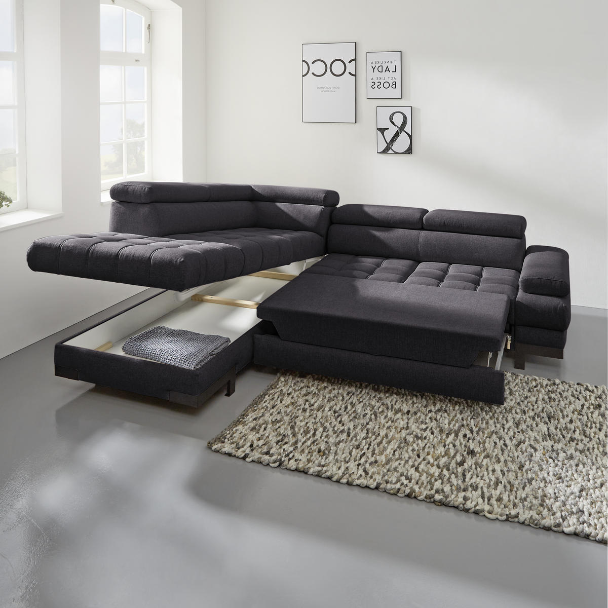 ECKSOFA in Webstoff Schwarz  - Schwarz, Design, Textil/Metall (263/223cm) - Welnova
