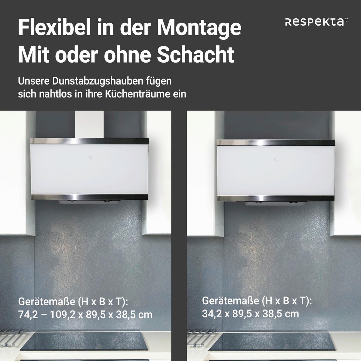 DUNSTABZUGSHAUBE CH89090W  - Weiß, Trend, Glas/Metall (89,5/74,2-109,2/38,5cm) - Respekta