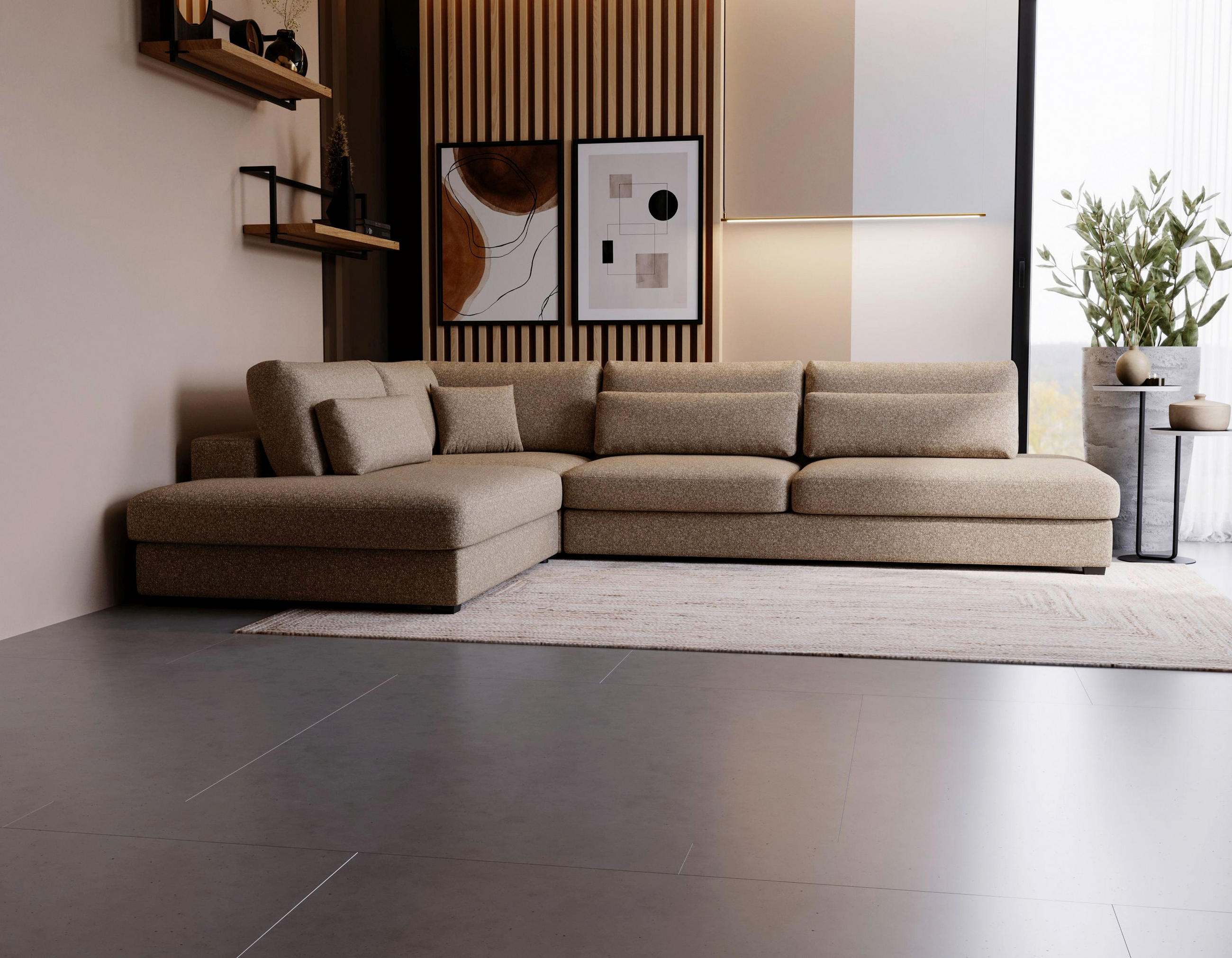 ECKSOFA in Plüsch, Bouclé Hellbraun  - Hellbraun/Schwarz, Design, Kunststoff/Textil (244/332cm) - Livetastic