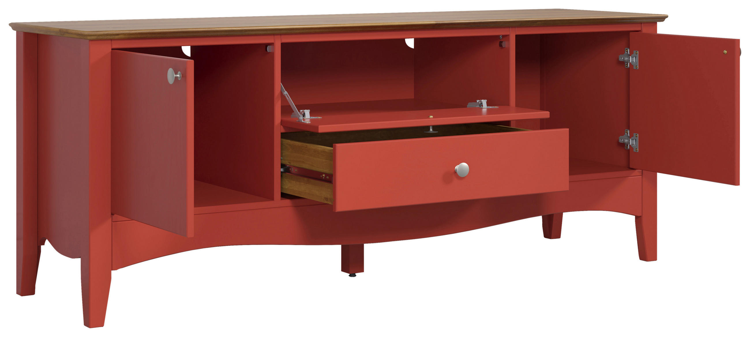LOWBOARD Kiefer massiv Rot, Dunkelbraun - Dunkelbraun/Silberfarben, LIFESTYLE, Holz/Metall (140/58/42cm)