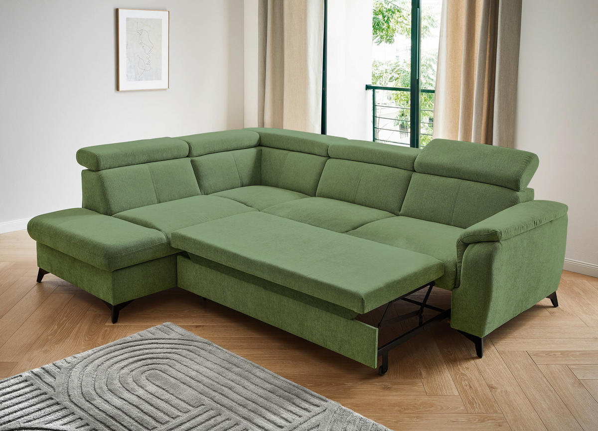 Ecksofa inkl. Funktionen in Chenille Hellgrün  - Schwarz/Hellgrün, Design, Textil/Metall (203/260cm) - Stylife