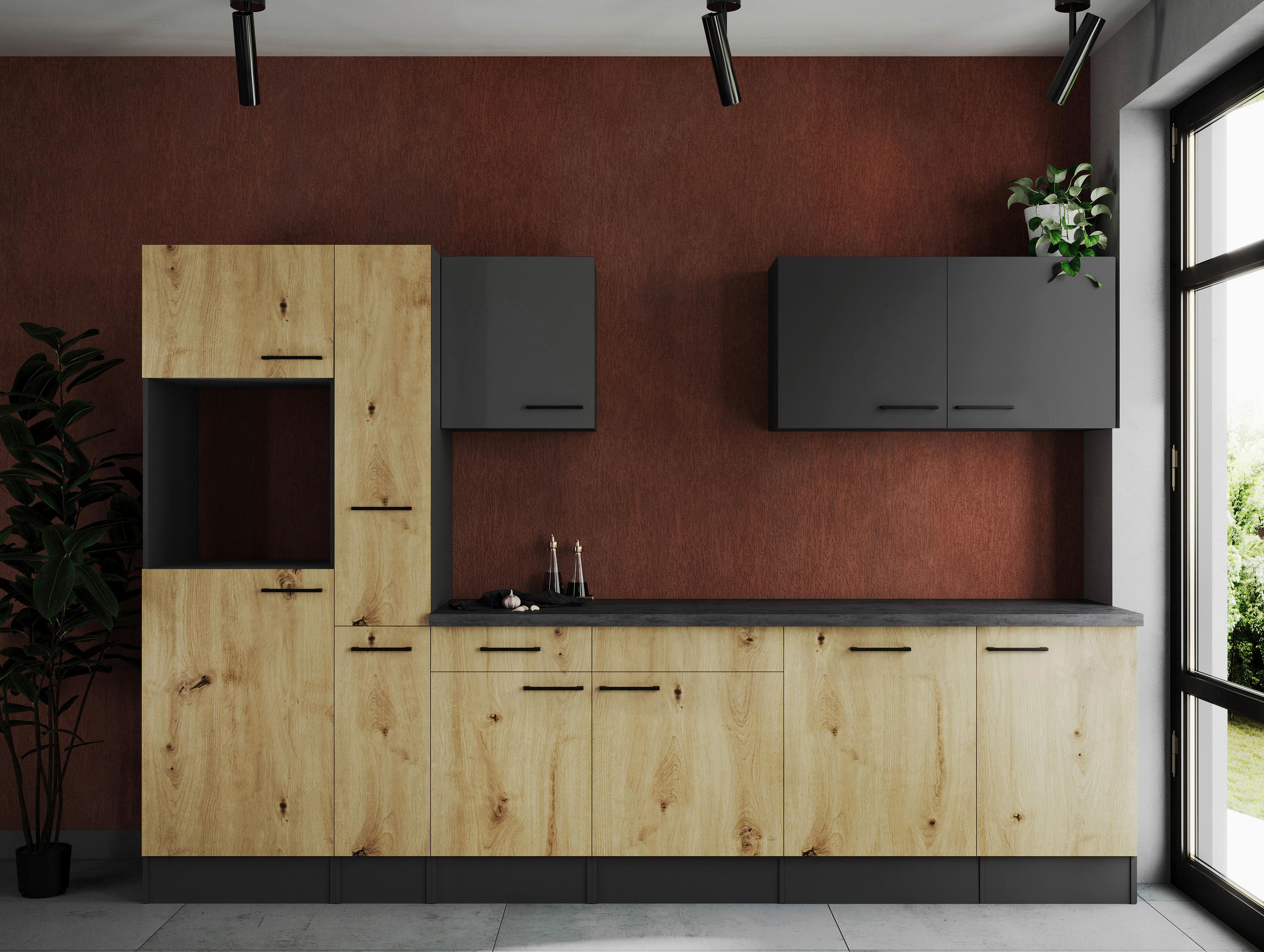 MODULKÖK UTAN VITVAROR 310 cm   i grå, ek Artisan  - svart/grå, Design, metall/trämaterial (310cm) - Respekta