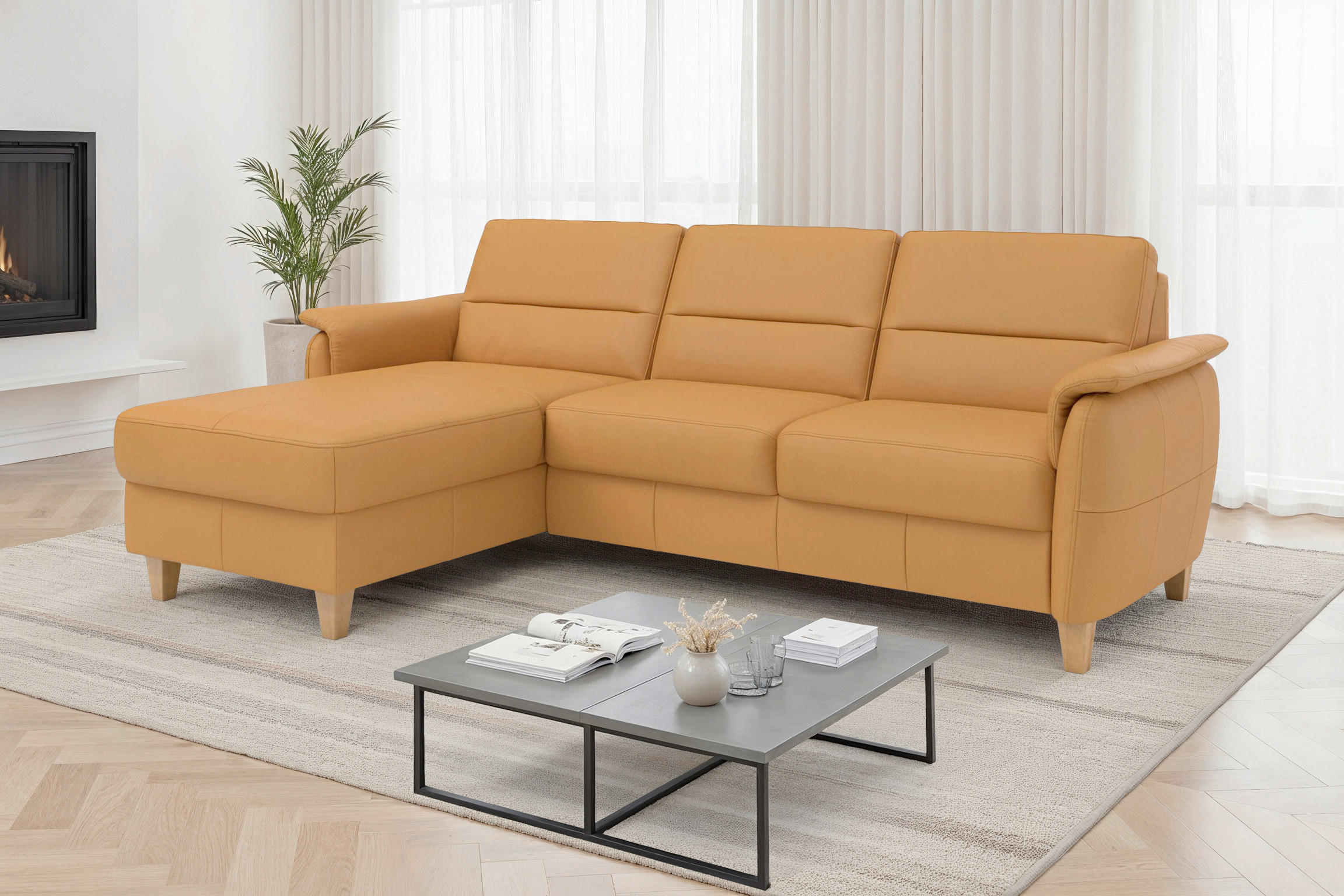 ROHOVÁ SEDAČKA, koža, kari žltá - farba duba/kari žltá, Basics, koža/drevo (163/244cm) - Sit & More