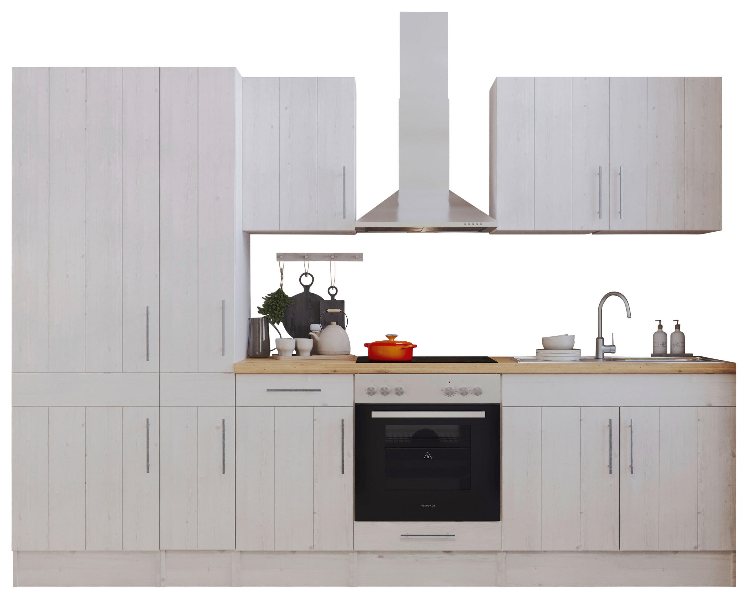 KÜCHENBLOCK 300 cm   in Weiß, Lärchefarben  - Wildeiche/Edelstahlfarben, ROMANTIK / LANDHAUS, Holzwerkstoff/Metall (300cm) - Respekta