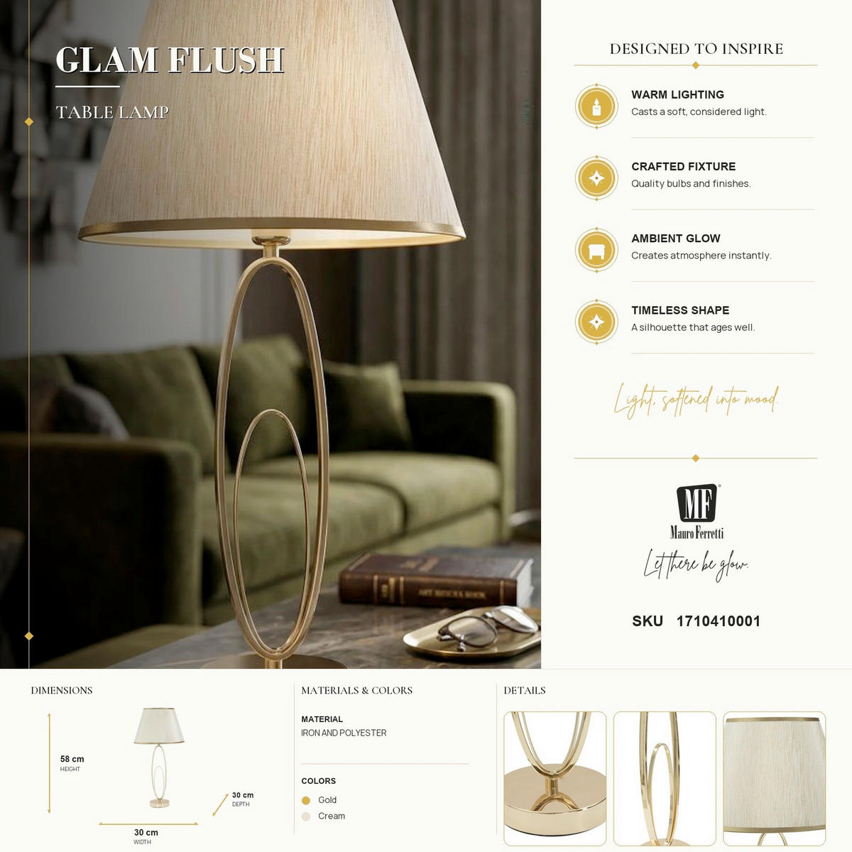 TISCHLEUCHTE 30/58 cm  - Goldfarben/Creme, Trend, Textil/Metall (30/58cm) - Mauro Ferretti