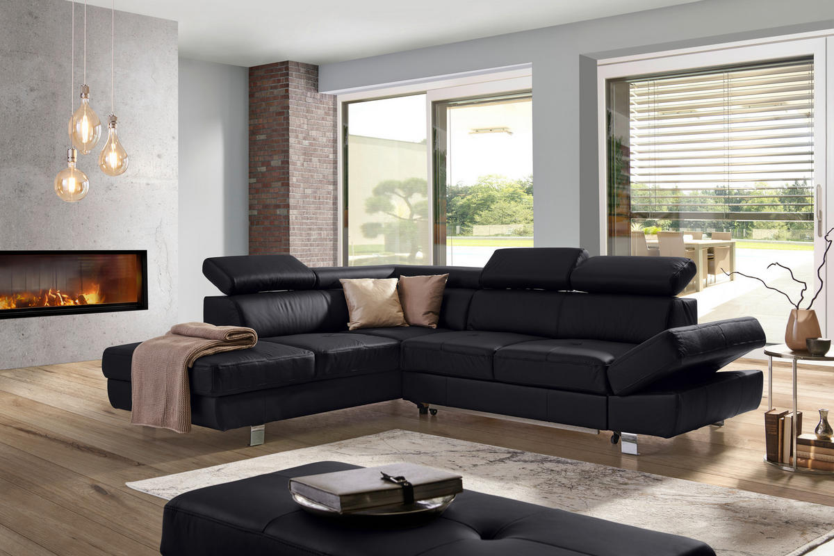ECKSOFA in Lederlook Kombination Echtleder/Lederlook Schwarz  - Chromfarben/Schwarz, Design, Leder/Textil (212/265cm) - Stylife