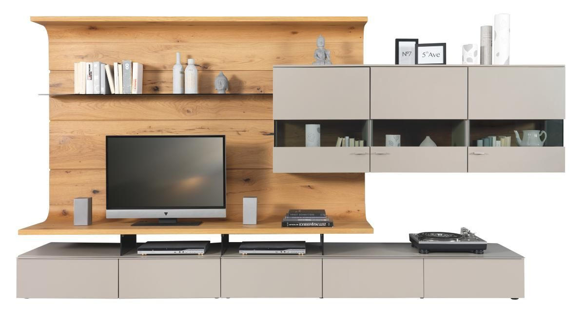 WOHNWAND Eiche furniert Grau, Eichefarben Befestigungsmaterial - Edelstahlfarben/Eichefarben, Design, Glas/Holz (357,5/186,8/41,2-55,7cm) - Moderano