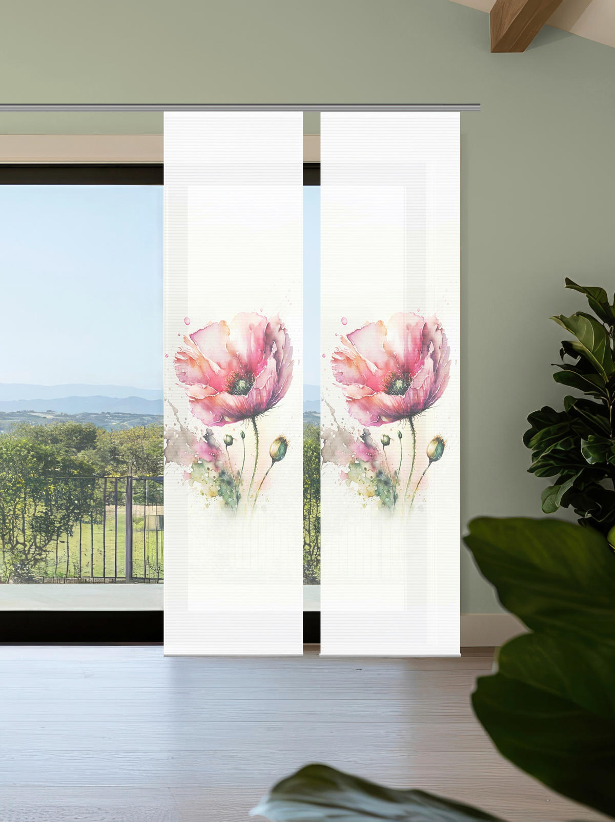 FLÄCHENVORHANG  2 Stück  halbtransparent  60/245 cm   - Salbeigrün/Rosa, Natur, Textil (60/245cm)