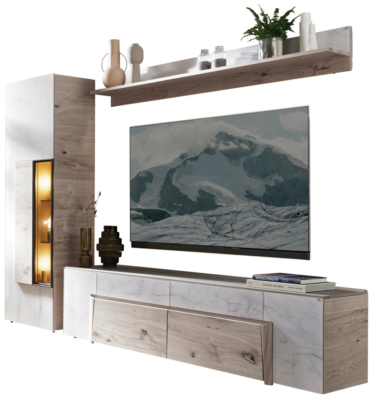 WOHNWAND 3-teilig  Weiss, Eichefarben 288/194/44,6 cm  - Weiss/Eichefarben, Natur, Glas/Holz (288/194/44,6cm) - Voglauer