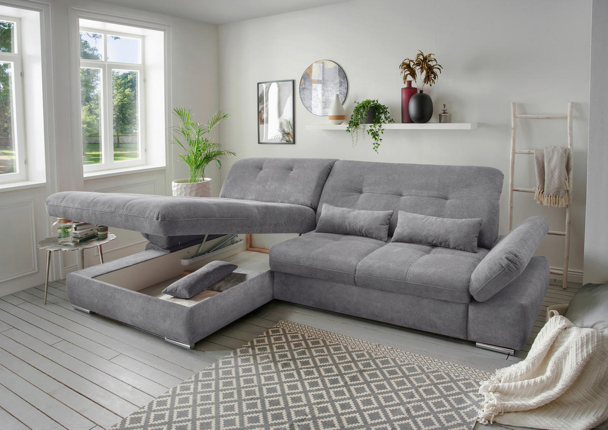 ECKSOFA in Chenille Dunkelgrau  - Chromfarben/Dunkelgrau, Design, Textil/Metall (196/300cm) - Livetastic