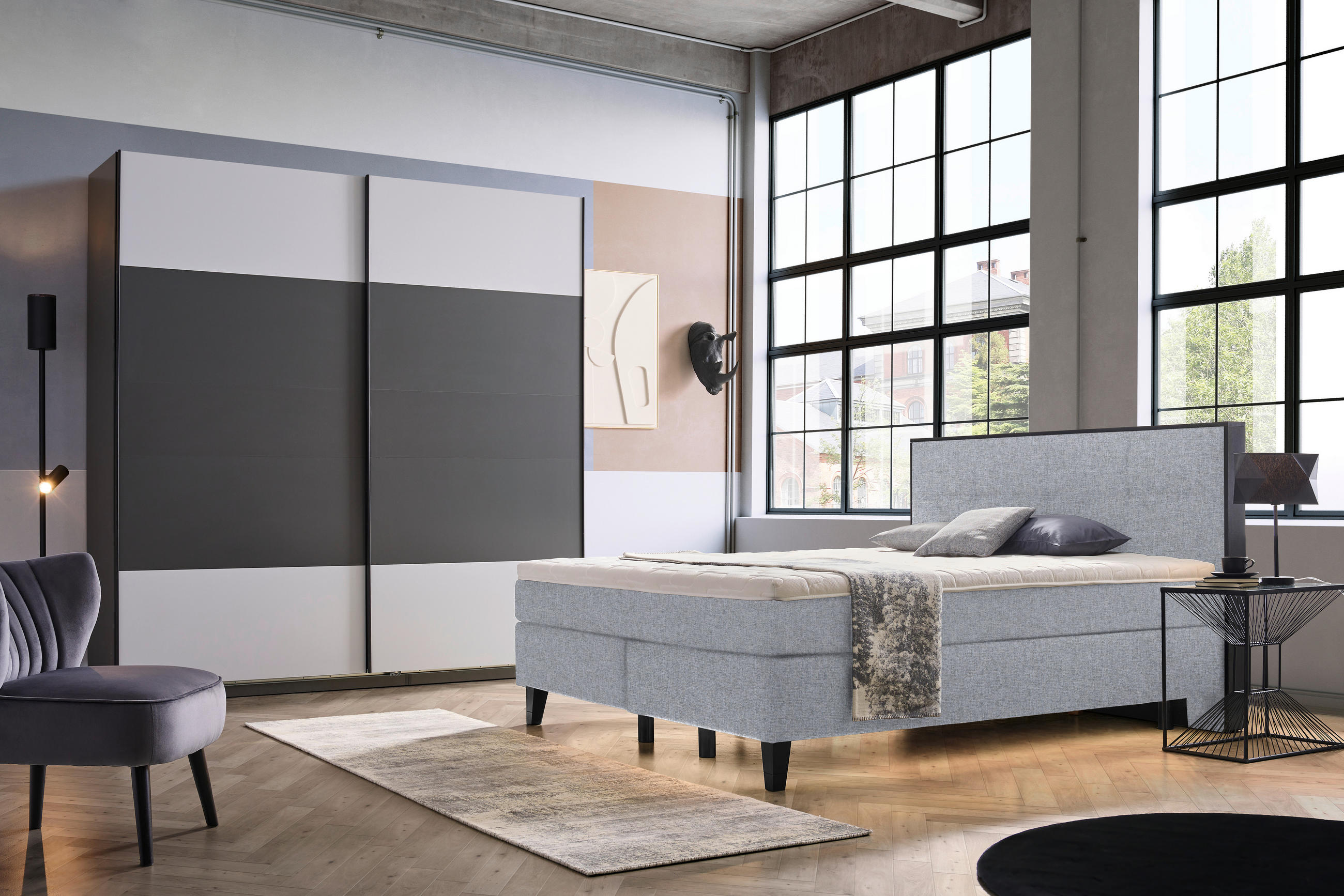 BOXSPRINGBETT 200/200 cm  in Hellgrau  - Hellgrau/Schwarz, Design, Holz/Textil (200/200cm) - Hom`in