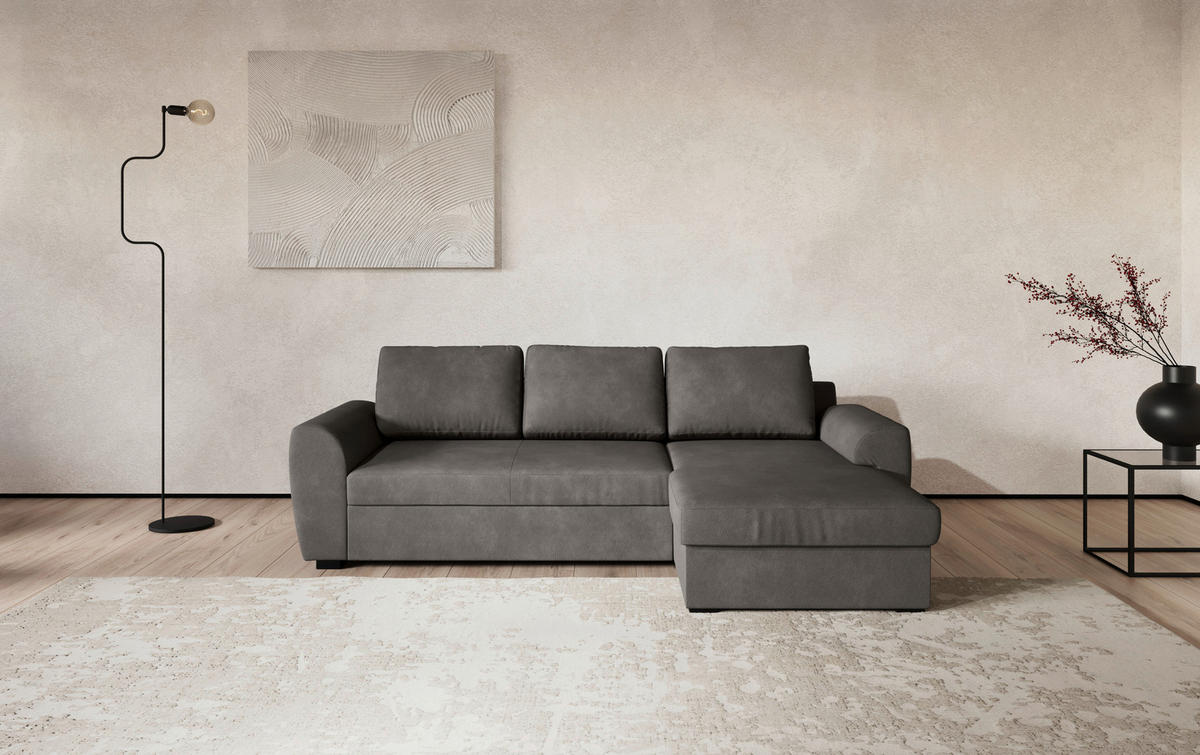 ECKSOFA Chenille Grau  - Schwarz/Grau, Trend, Kunststoff/Textil (253/154cm) - MID.YOU