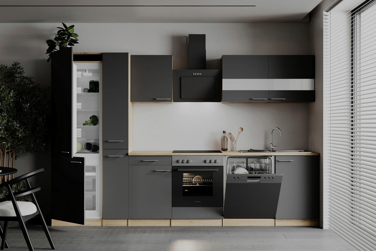 KÜCHENBLOCK 310 cm   in Grau  - Edelstahlfarben/Eichefarben, Basics, Holzwerkstoff/Metall (310cm) - Respekta