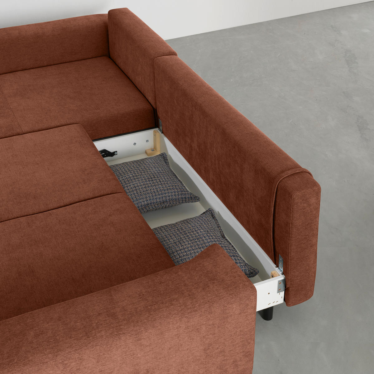 ECKSOFA inkl. Funktionen Terracotta Webstoff  inkl. Rückenkissen, Bettkasten, Schlaffunktion, Rücken echt  - Wengefarben/Terracotta, Design, Holz/Textil (211/314cm) - Stylife