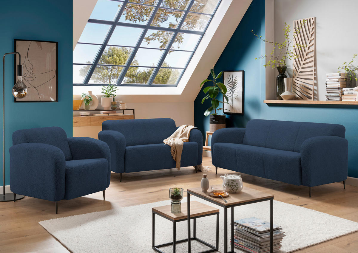 2-SITZER-SOFA in Teddystoff Blau  - Blau/Schwarz, Modern, Textil/Metall (140/76/90cm) - Livetastic