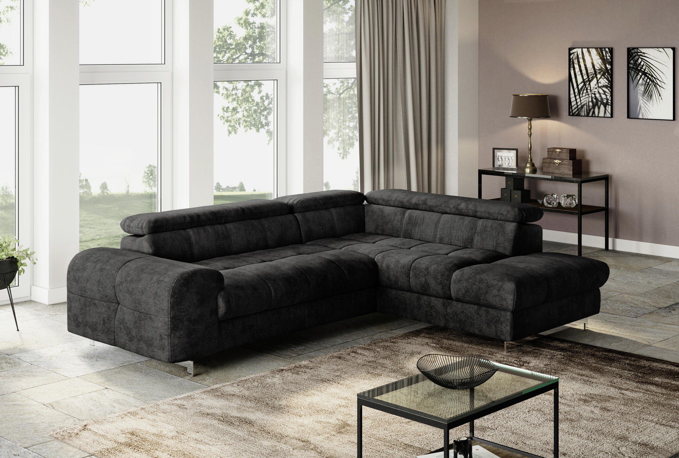 ECKSOFA in Mikrofaser Schwarz  - Chromfarben/Schwarz, Konventionell, Textil/Metall (206/257cm) - Livetastic