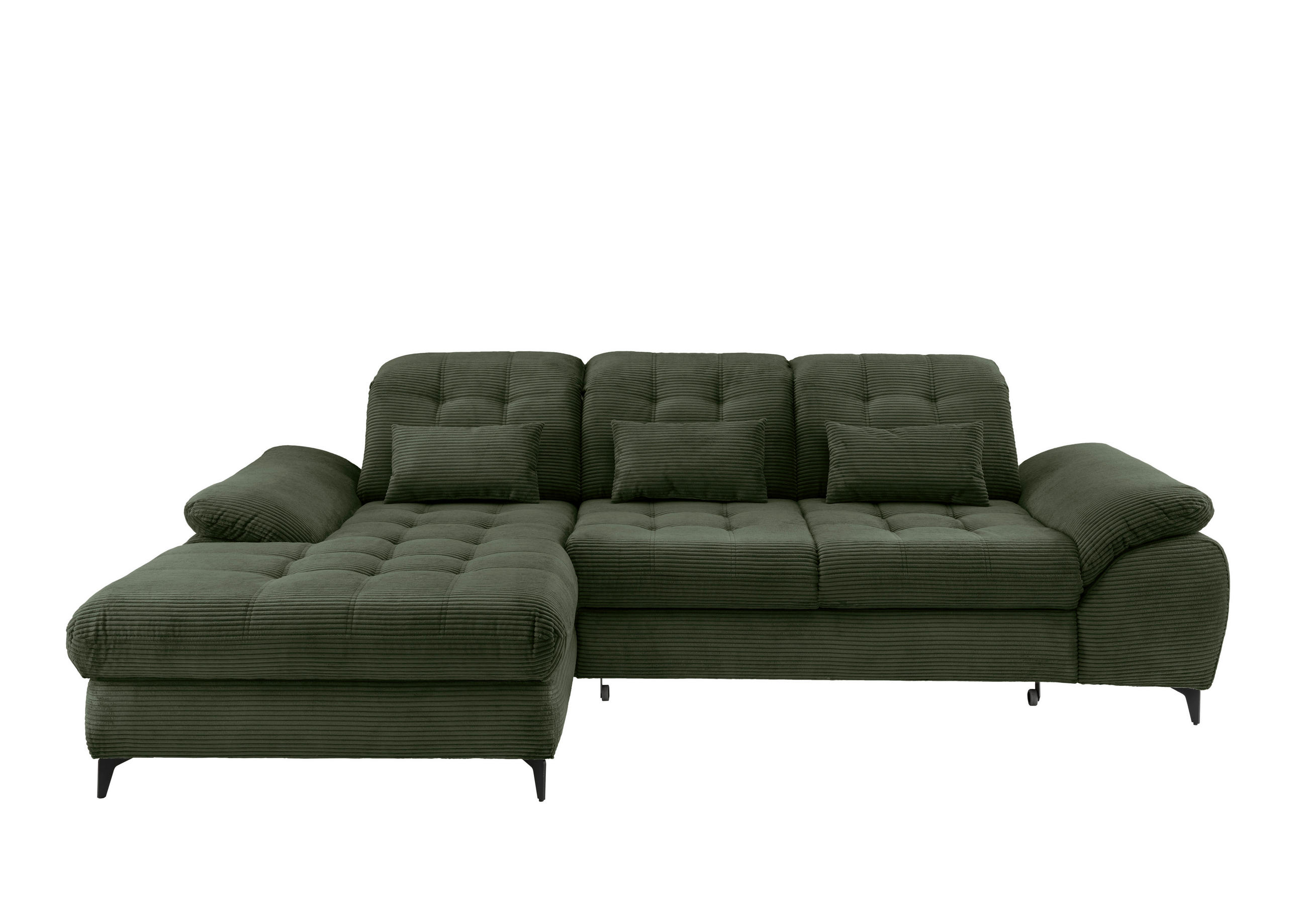 ECKSCHLAFSOFA  mit seitenverkehrt erhältlich, Rücken echt, Armteil links, Armteil rechts Cord Dunkelgrün  - Dunkelgrün/Schwarz, MODERN, Textil/Metall (189/273cm) - Livetastic