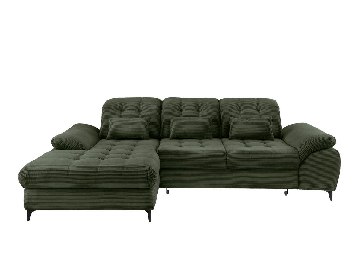 ECKSCHLAFSOFA  mit seitenverkehrt erhältlich, Rücken echt, Armteil links, Armteil rechts Cord Dunkelgrün  - Dunkelgrün/Schwarz, MODERN, Textil/Metall (189/273cm) - Livetastic