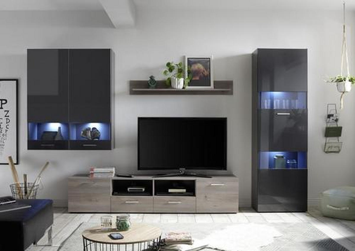 DNEVNI REGAL,  antracit, siva, barve srebrnega hrasta  - srebrne barve/črna, Moderno, umetna masa/steklo (325/195/42cm) - Hom`in