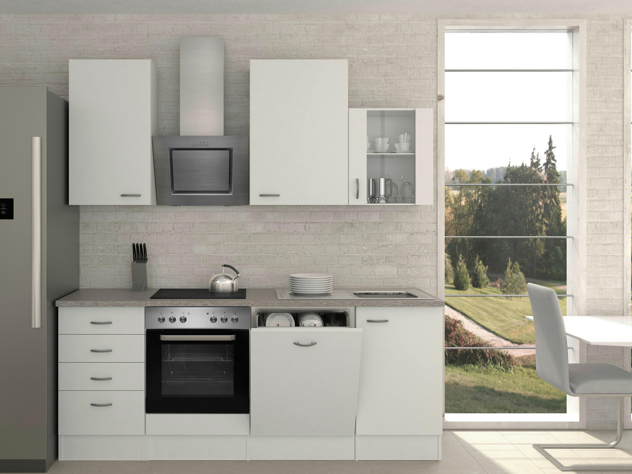 KÜCHENBLOCK 220 cm Grau, Weiß E-Geräte, Spüle - Weiß/Grau, MODERN (220cm) - MID.YOU