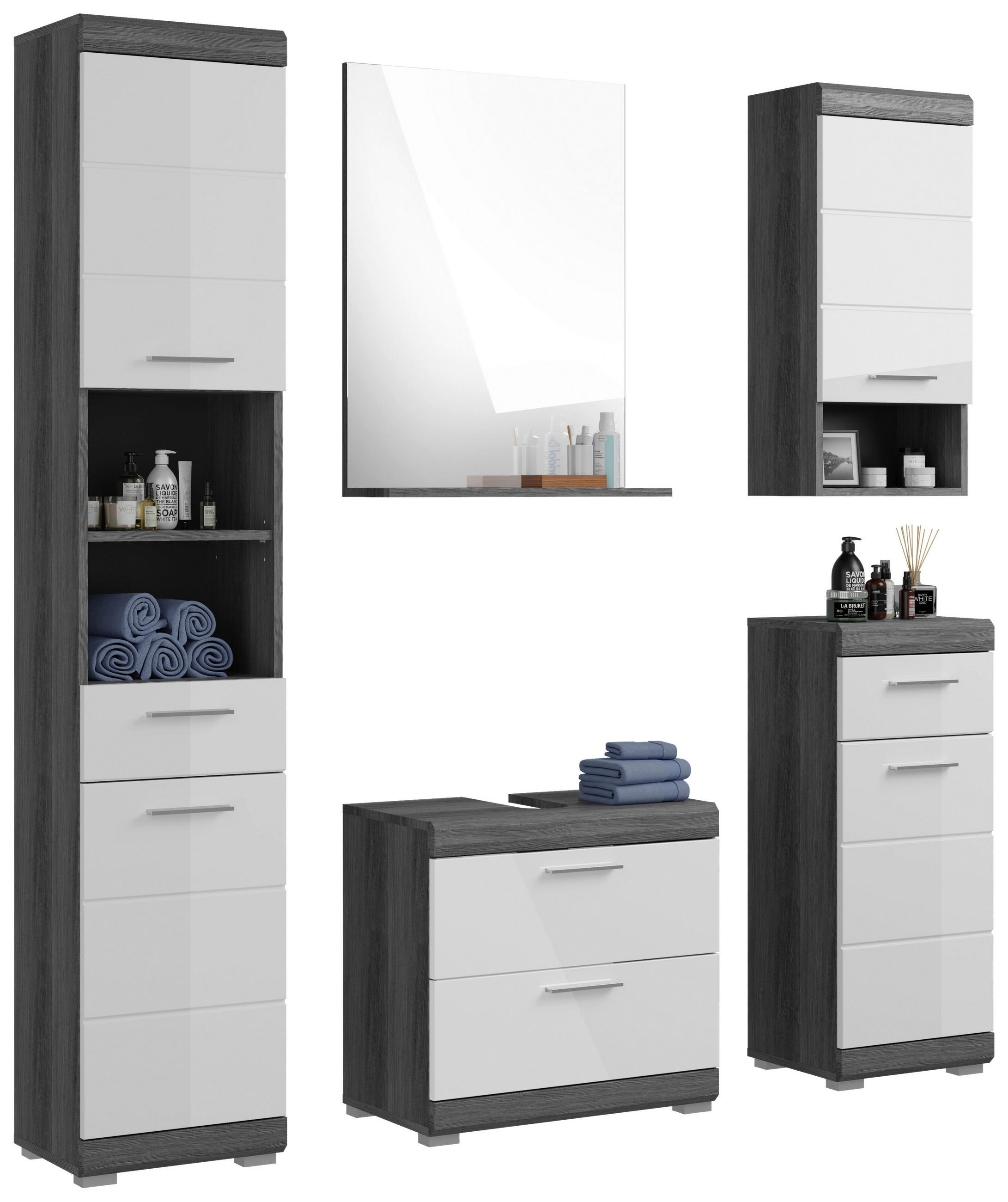 BADEZIMMER 5-teilig  in 134 cm  - Weiß Hochglanz/Grau, MODERN, Holzwerkstoff/Kunststoff (134cm) - MID.YOU