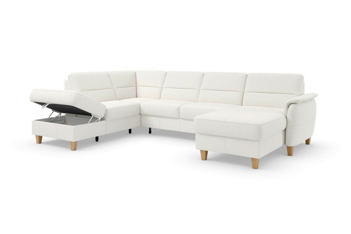 WOHNLANDSCHAFT PALMERA E in Mikrofaser Kombination Echtleder/Stoff Weiß  - Eichefarben/Weiß, Basics, Leder/Holz (212/308/163cm) - Sit & More