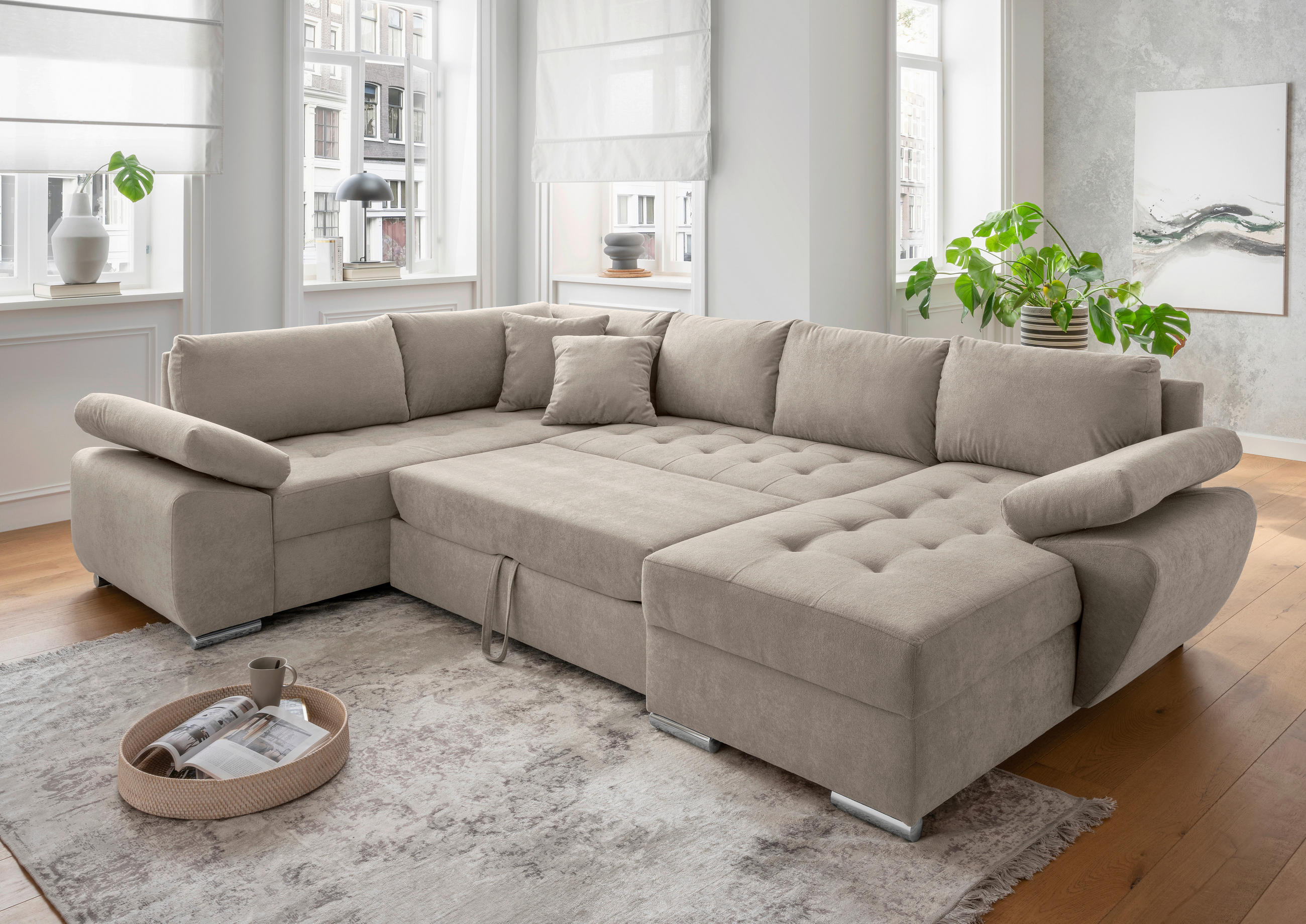 Wohnlandschaft Taupe Mikrofaser  - Taupe/Chromfarben, KONVENTIONELL, Textil/Metall (219/305/157cm) - Livetastic
