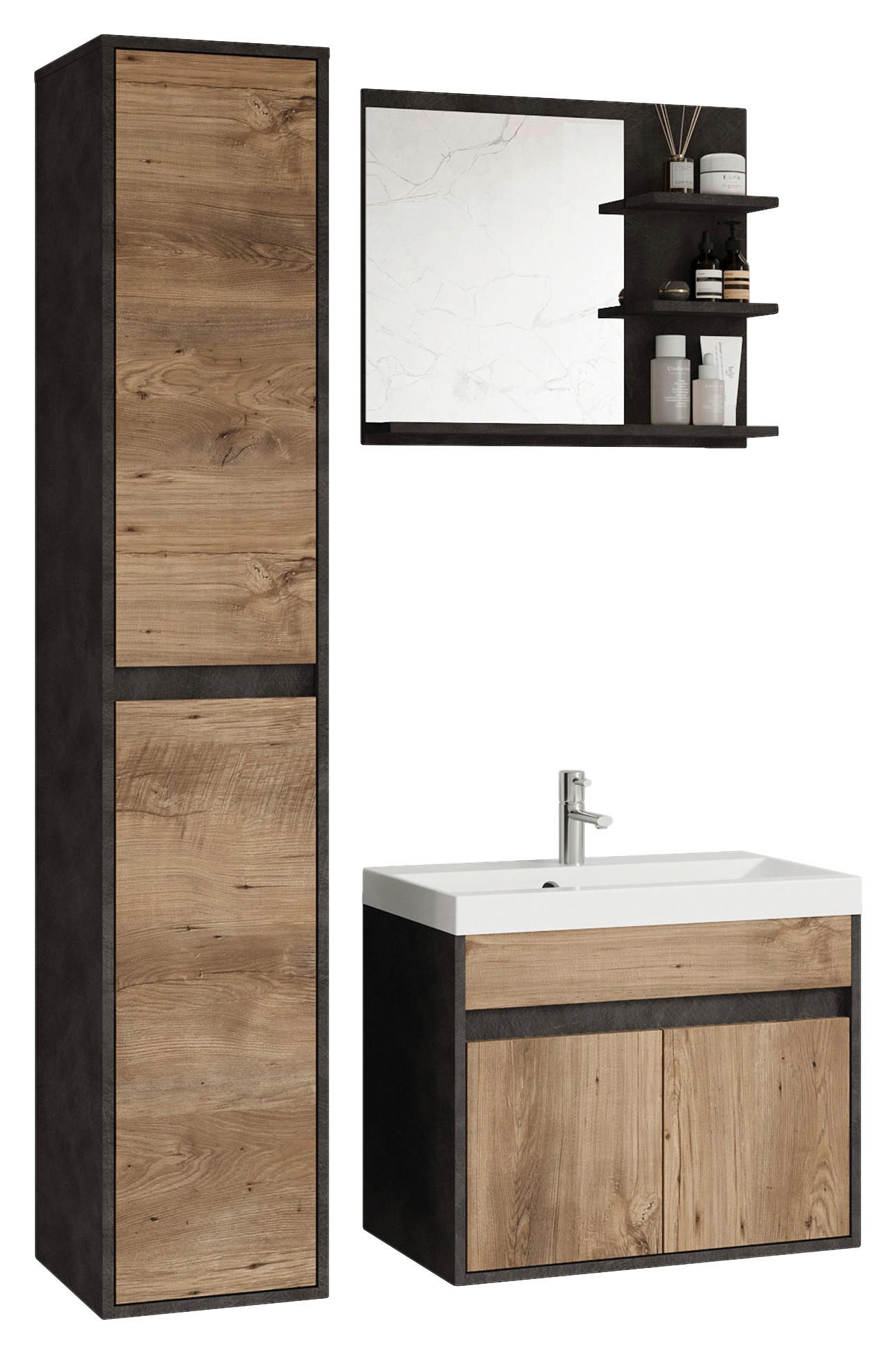 BADEZIMMER 4-teilig  in 90,2 cm  - Kastanienfarben/Anthrazit, LIFESTYLE, Keramik/Holzwerkstoff (90,2cm) - P & B