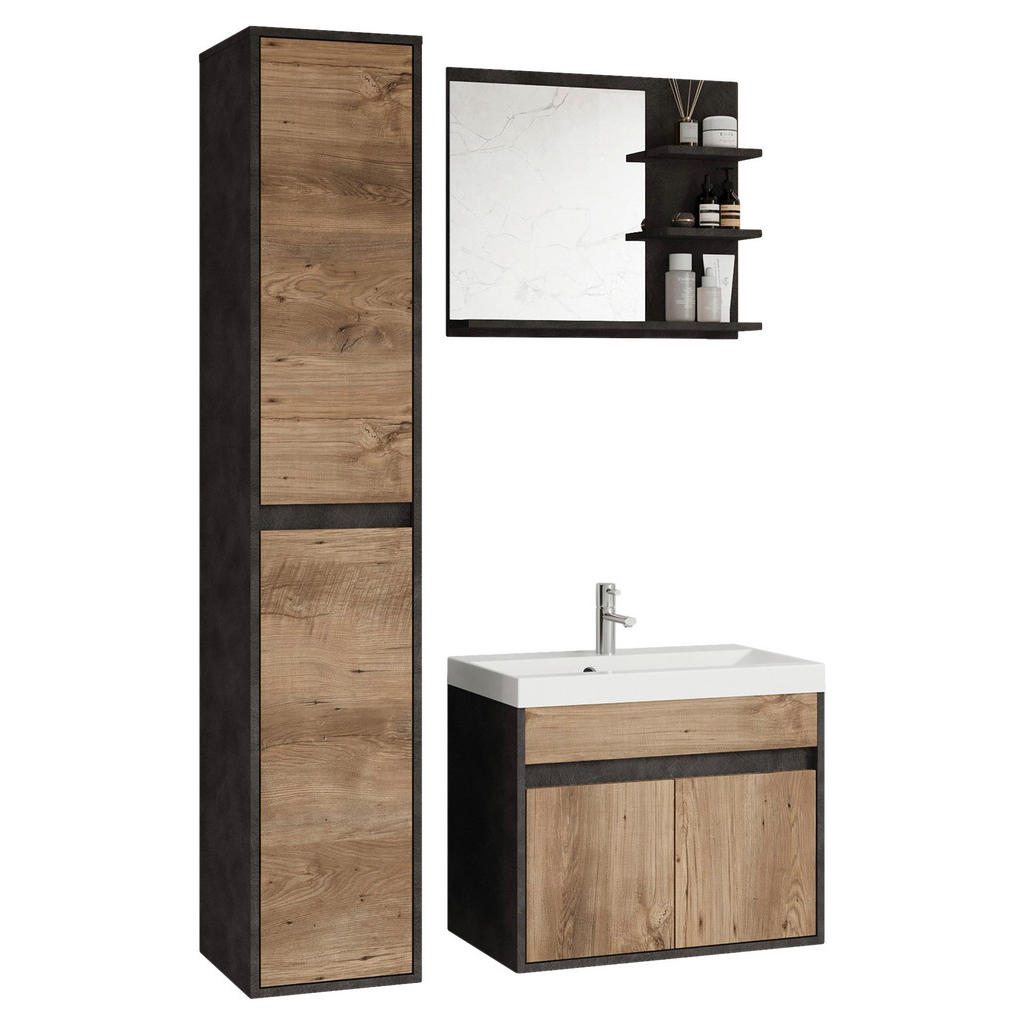 Thumbnail - P & B Badezimmer, Anthrazit, Kastanien, Holzwerkstoff, 4-teilig, 2 Fächer, 0 Schubladen, 90.2 cm, Fsc, hängend, Spiegel ...