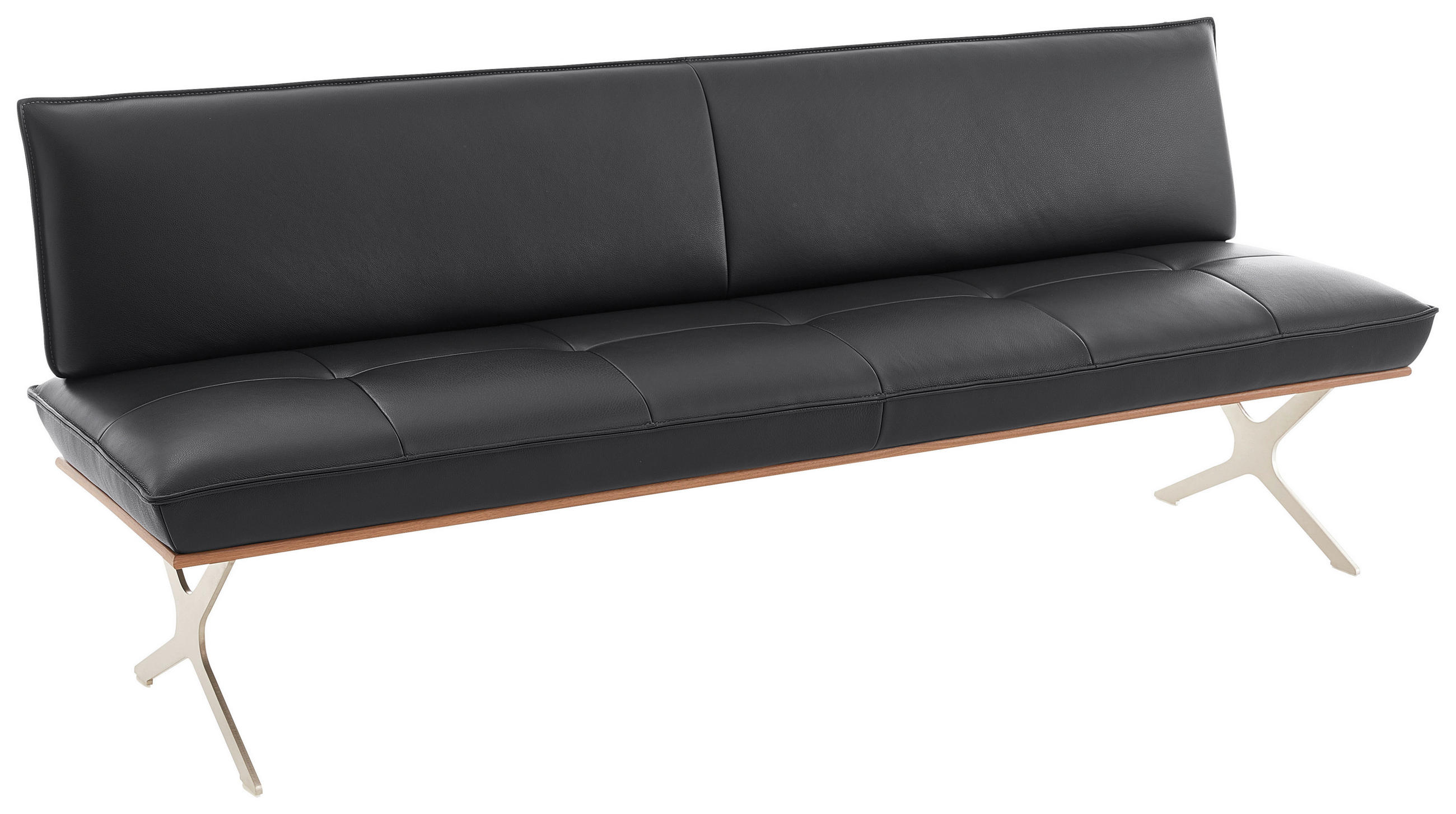 SITZBANK 214/88/66 cm Echtleder Schwarz, Edelstahlfarben Nussbaum furniert Metall  - Edelstahlfarben/Schwarz, Design, Leder/Holz (214/88/66cm) - Koinor