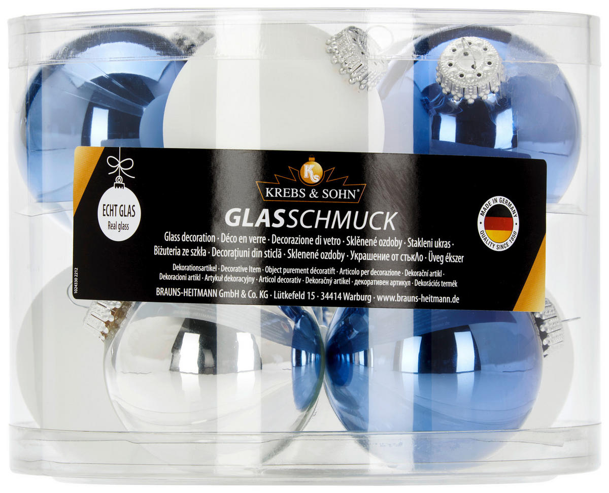 JULGRANSKULOR SET 7 cm 10 delar  - vit/blå, Klassisk, glas (7cm)